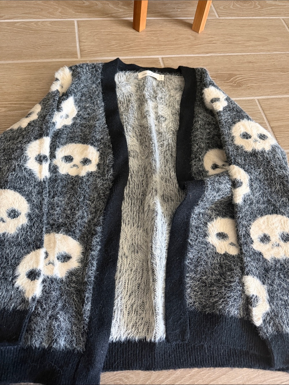 Zara Black & Cream Skull Fuzzy Open Cardigan
